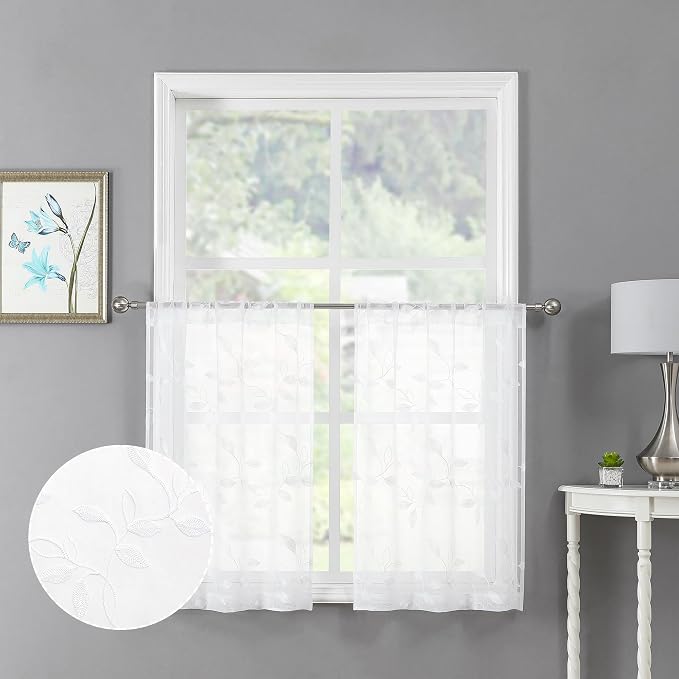 Tollpiz White Leaf Sheer Tier Curtains Leaves Embroidered Kitchen Short Curtain by Tollpiz