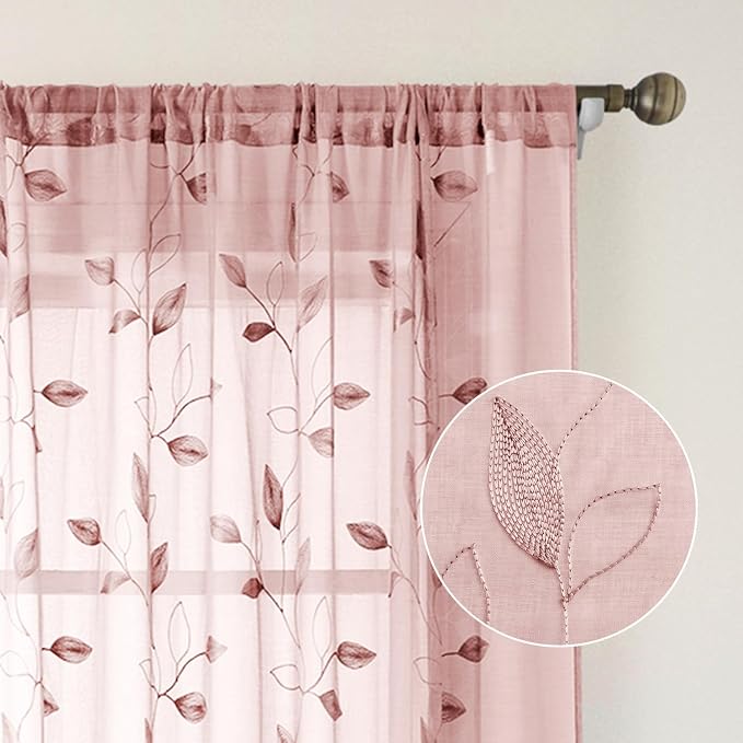 HOMEIDEAS Blush Pink Floral Sheer Curtains 96 Inches Long 2 Panels Embroidered - Image 7