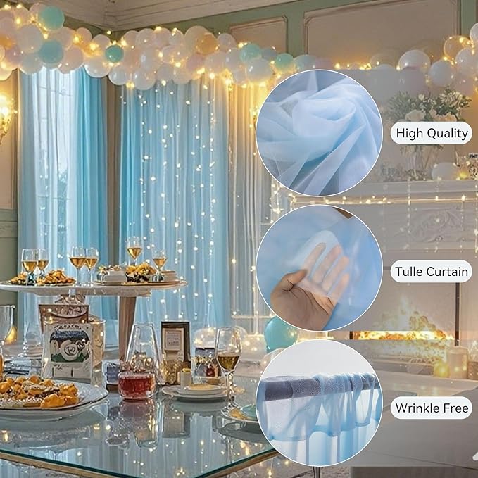 10×10ft Tulle Backdrop Curtains with Lights String - 300LED Fairy Lights Sheer Curtain Backdrop for Weddings Baby Shower and Birthday Party Decorations(6 Panels 5×10ft)