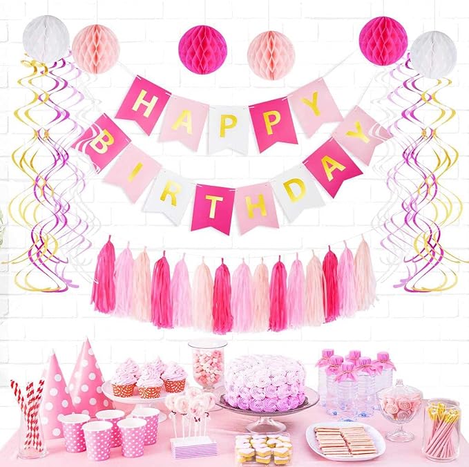 GAKA Hot Pink Light Pink Tissue Paper Tassels Garland Tassel Banner - Image 3