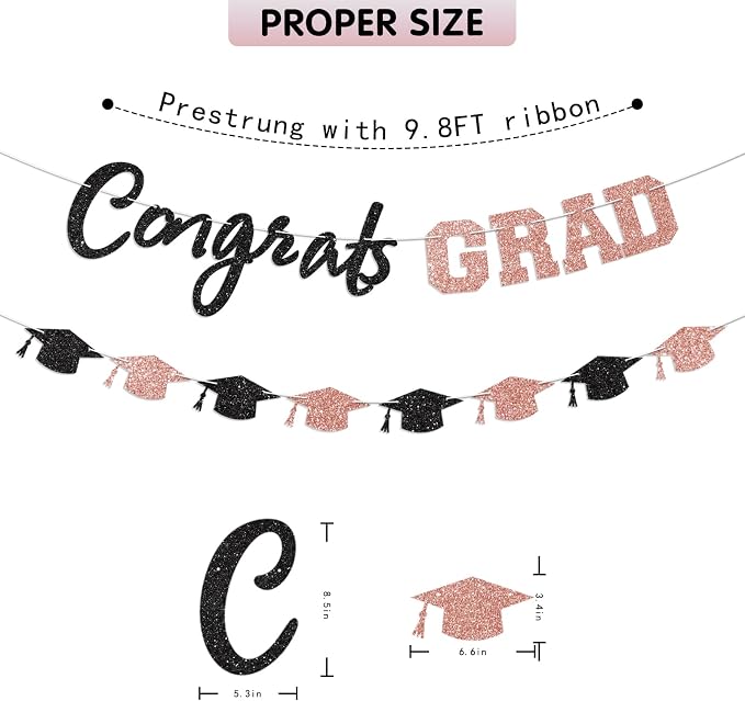 Prestrung Congrats Grad Banner Rose Gold and Black Graduation Banner - Image 4