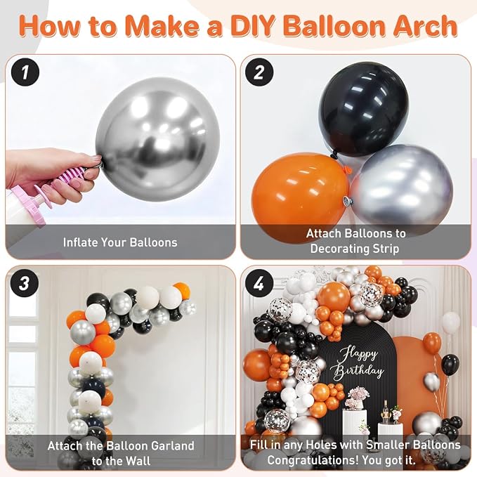 Orange Black White Silver Balloon Garland Arch Kit - Image 3