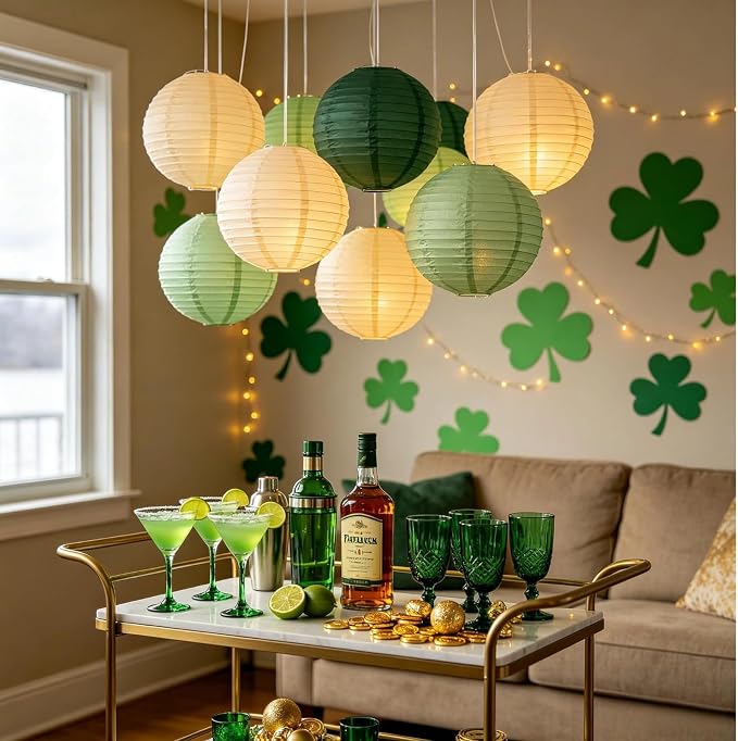 Boho Chinese Paper Lanterns LED Lights, Sage & Forest Green - Image 5