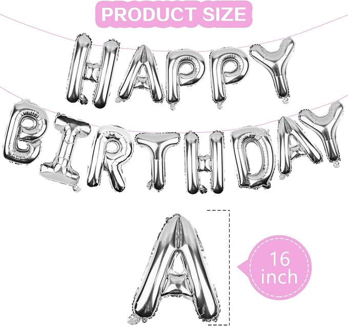 Silver Happy Birthday Balloons Banner Mylar Foil Letters | Inflatable Party - Image 2