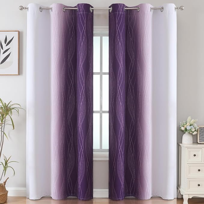 Purple and Greyish White Room Darkening Blackout Curtains 84 Inches Long - Image 2