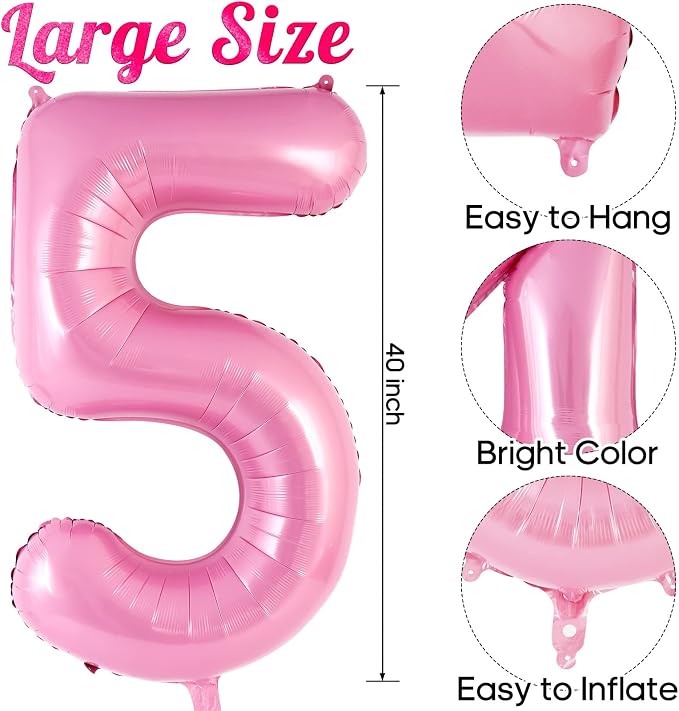 Pink Number 5 Balloon 40 Inch, Big Large Foil Helium Number Balloons, Jumbo - Image 3