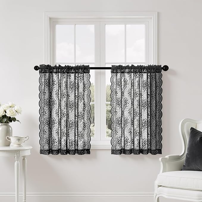 MIULEE Black Floral Lace Curtains 2 Panels, Gothic Vintage Rod Pocket Window - Image 7