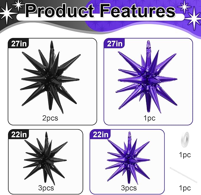 9Pcs Purple and Black Star Balloons, Large Explosion Foil Balloons, Metallic - Image 2