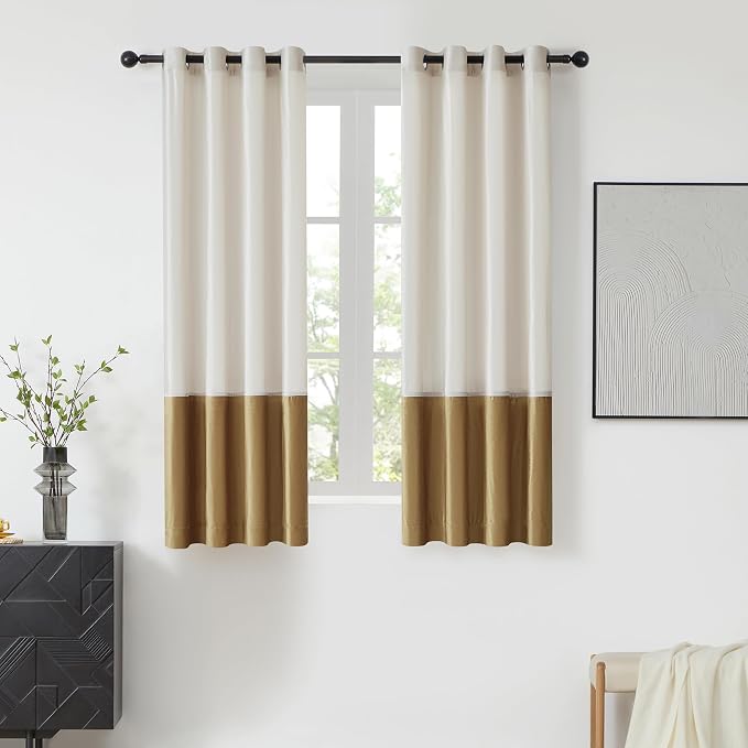 BULBUL Color Block Window Curtains Panels 63 inches Long Cream Ivory Gold by ModernShinyVelvetCurtains