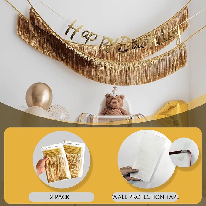 2 Pack Shiny Light Gold Tinsel Fringe Banner 13FT Metallic Garland - Image 6