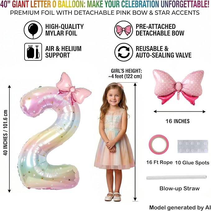 40" Giant Pastel Rainbow Number 20 Balloon Foil Pink Bow Decor Kit | - Image 2