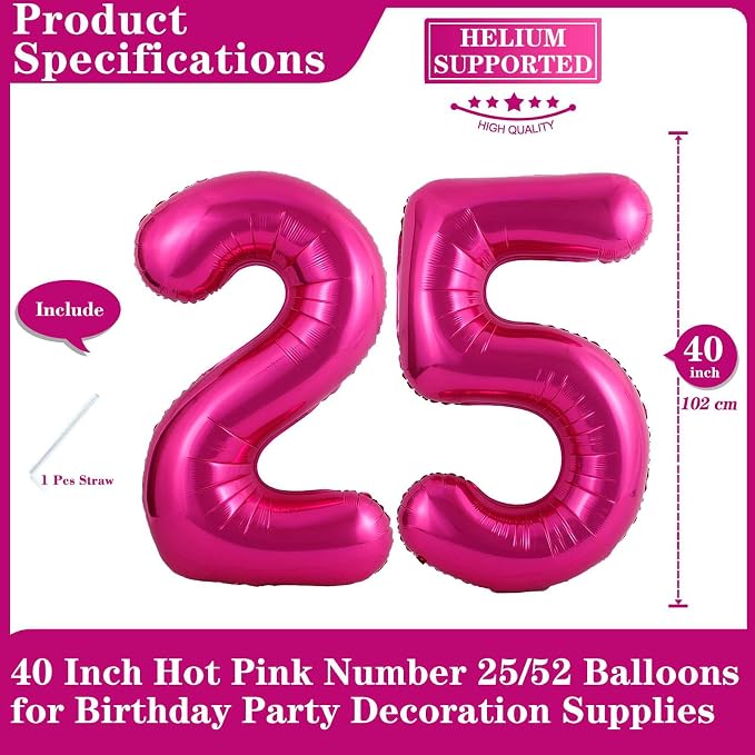 Hot Pink 25 Number Balloons, 40 Inch Giant Number 25 Balloons Foil Mylar Helium - Image 2