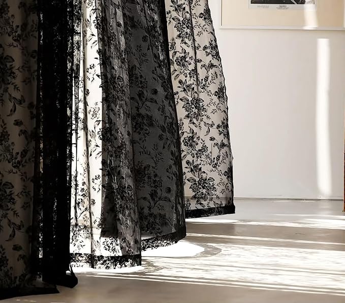 Black Lace Curtains for Living-Room 84 inch Length, Fine Rose and Leaf - Image 7
