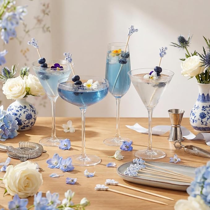 Bokon 200 Pcs Blue White Vintage Flower Cocktail Picks Bamboo Toothpicks Drinks - Image 2
