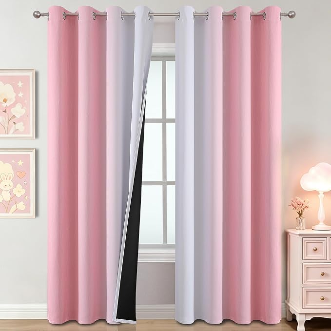 Pink and Greyish White Ombre Blackout Curtains 90 Inch Long by ESTELARTEXTILER