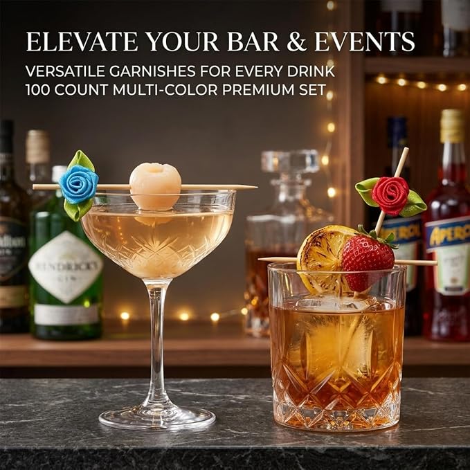 100PCS 4.7" Flower Cocktail Picks, Ribbon Rose Toothpicks Appetizer Skewers | - Image 3