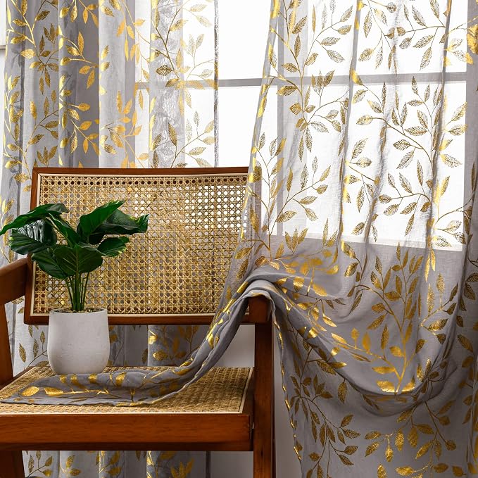 Sutuo Home Sheer Curtains 63 Inch Length 2 Panels, Luxury Gold Foil Print by SutuoHome