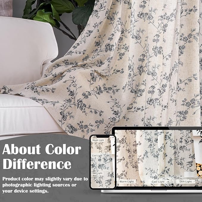 Black Vintage Floral Linen Curtains Farmhouse 50W X 84L 2 Panels | Elisa Series - Image 7