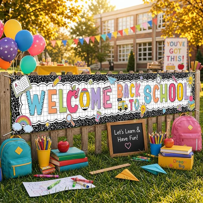 Lounsweer Welcome Back to School Banner Pastel Composition Book Banner Yard Sign by Lounsweer