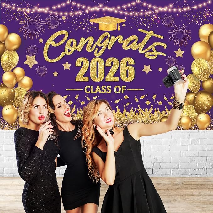 Purple and Gold Class of 2026 Banner Congrats Graduation Decorations - Image 6