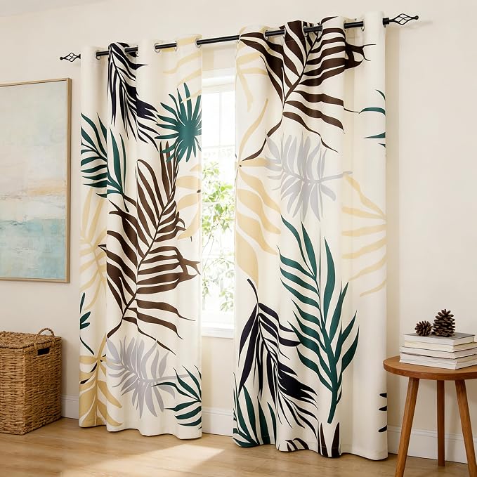 SUBRTEX Boho Leaf Printed Curtains 84 inch Long 2 Panels, Room Darkening by Subrtex