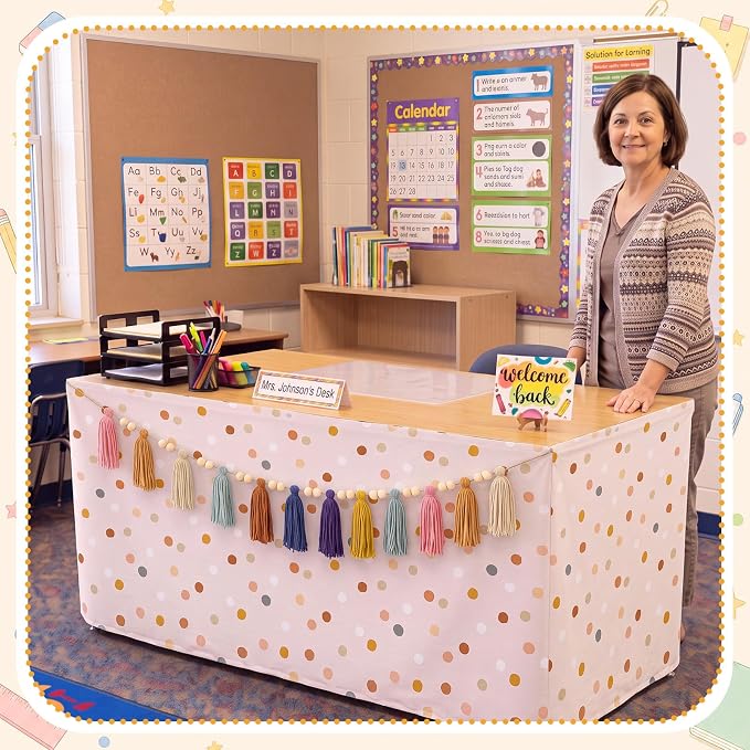Irenare 2 Pcs 6ft Dot Table Skirt and Tassels Garland - Image 7