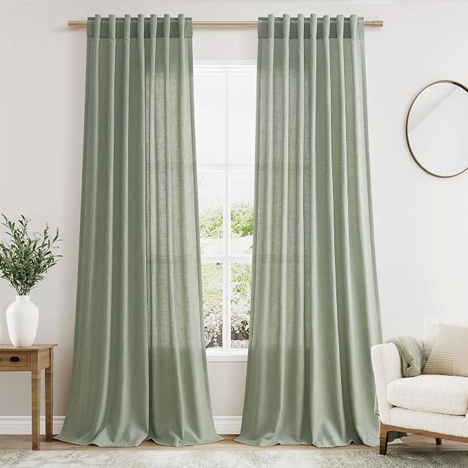 Desert Sage Linen Curtains Semi Sheer 96 Inches Long 2 Panels Set by Nanspring