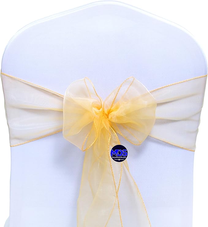 MDS Pack of 50 PCS Organza Chair Sashes Wider Dining Chair Bows Ribbon Tie Back for Wedding Party Birthday Bridal Shower Reception Event Banquet Home Chair Cover Decoration - Gold