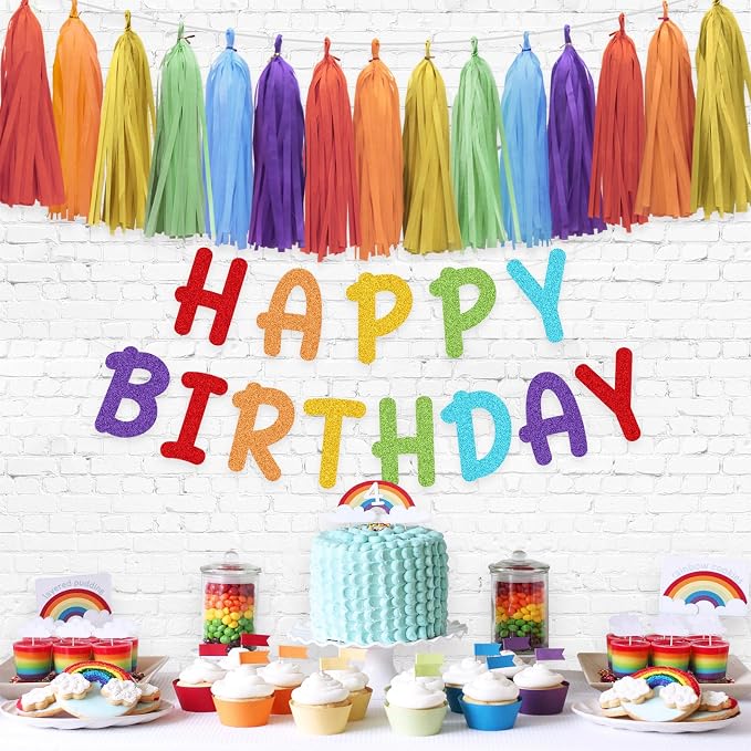 Rainbow Happy Birthday Banner and Paper Tassel Garland - Image 7