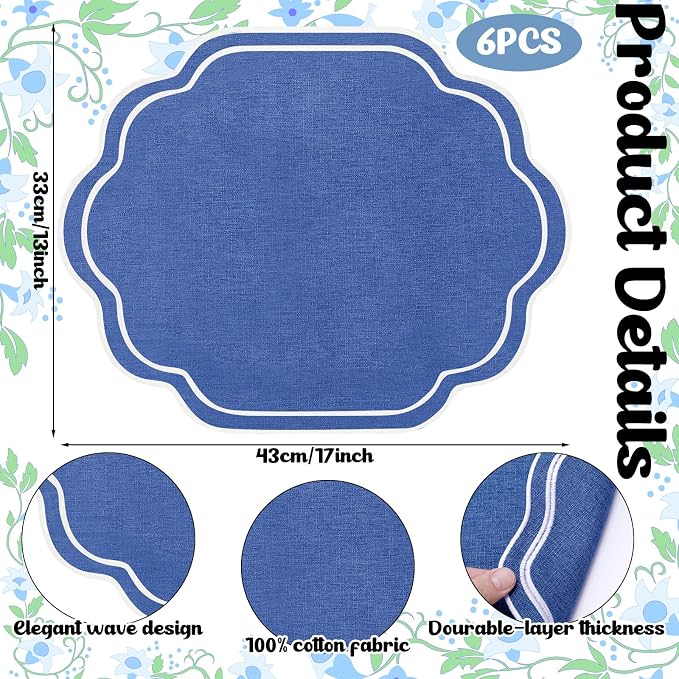 Scalloped Embroidered Placemats, 100% Cotton Linen Double Layered Table Mats - Image 6