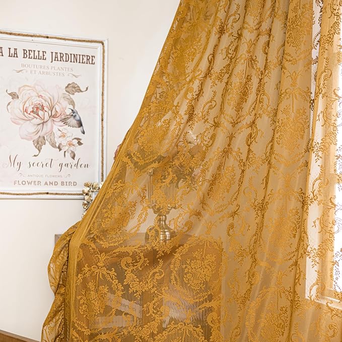 Deeprove Boho Gold Lace Sheer Curtains 84 inches Long 2 Panels Set - Image 8