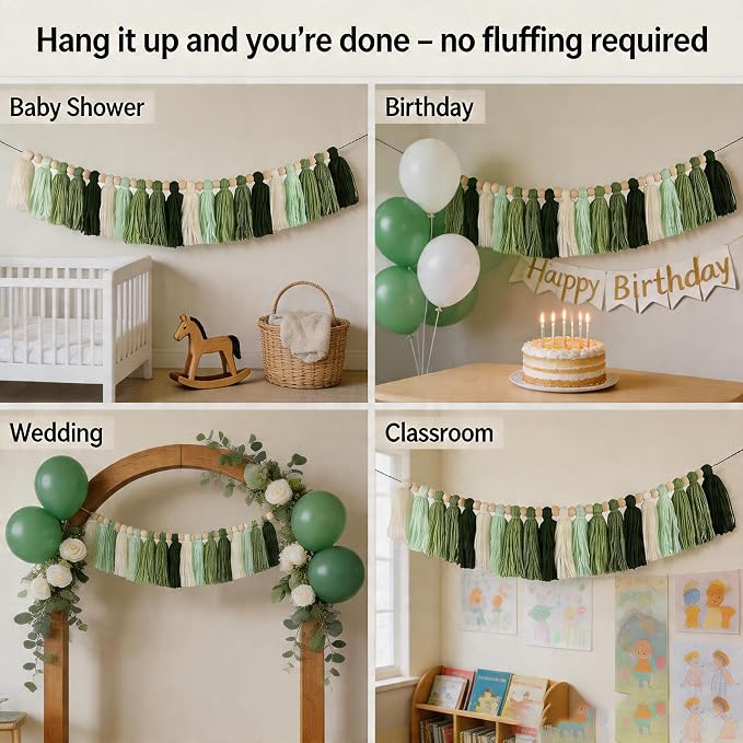 Green Tassel Garland with Wood Beads - Image 4