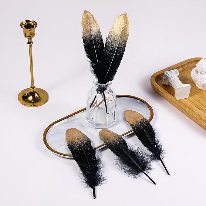 Larryhot Dipped Gold & Black Goose Feathers for Crafts - 6-8 inch 60 pcs Natural Feathers for Wedding Party Decorations,DIY Crafts and Clothing Accessories (Gold & Black)