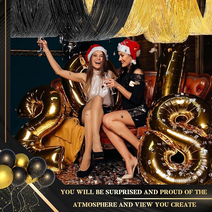 4 Pcs 15ft Gold Black Metallic Foil Ceiling Fringe Curtains, Party Decor Fringe - Image 5