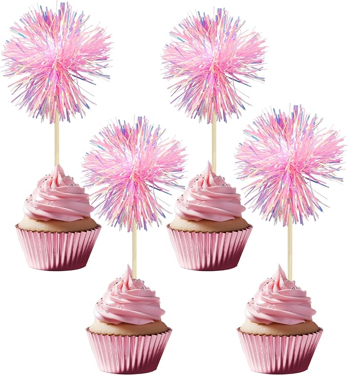 Gyufise 30Pcs Foil Firework Cupcake Toppers Sparkle Tinsel Cake Toppers Tinsel by Gyufise