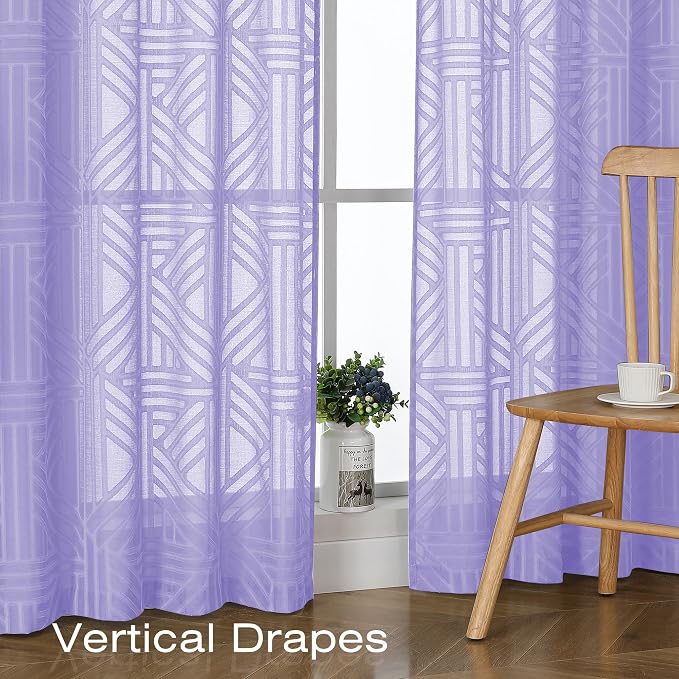Simplebrand Lavender Semi Sheer Curtains 45 Inch Length 2 Panels, Geometric - Image 5