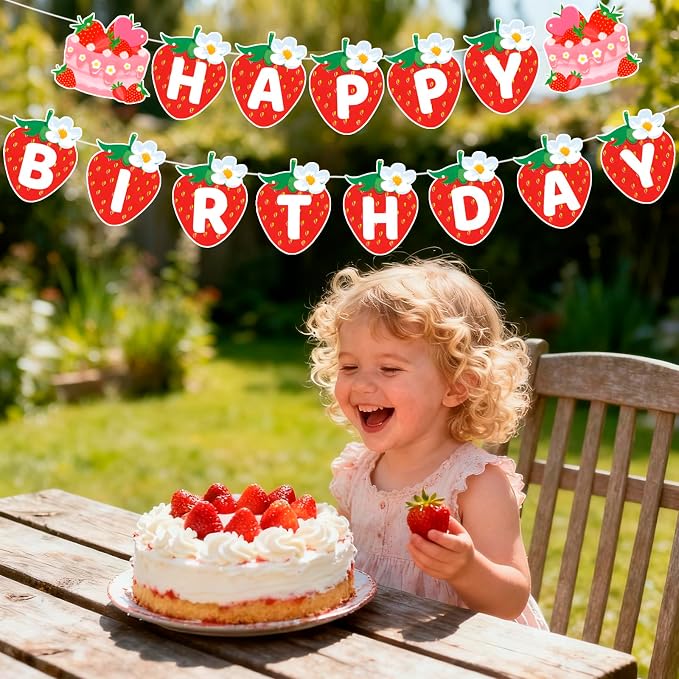 MEETINGU Strawberry Cake Happy Birthday Banner, Strawberry Themed Birthday - Image 5