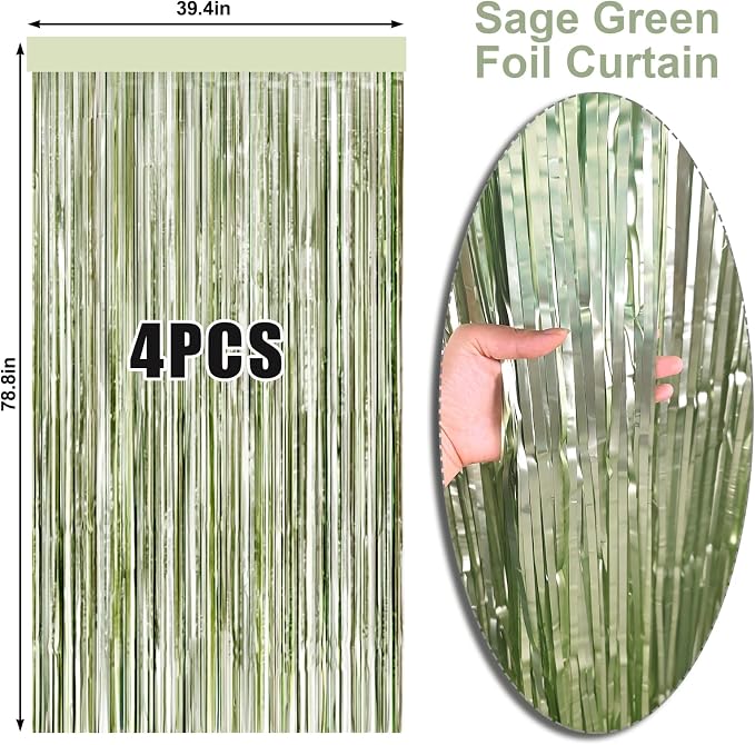 4 Packs Sage Green Foil Fringe Curtain, Light Green Glitter Metallic Tinsel - Image 6