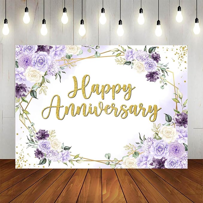 Happy Anniversary Backdrop Purple and White Flowers Anniversary Party - Image 5