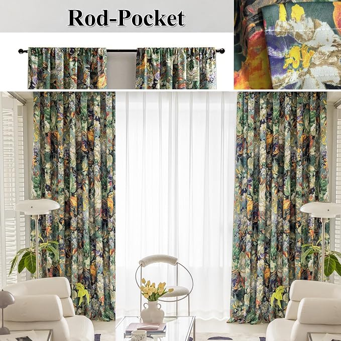 SUOUO Dark Green Vintage Floral Blackout Curtains - Image 2