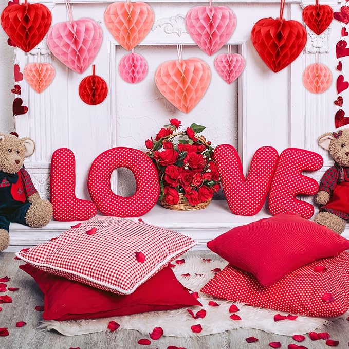 BOARDFEB 12PCS Valentine's Day Decorations, Heart Honeycomb Balls Hanging | Pink - Image 3