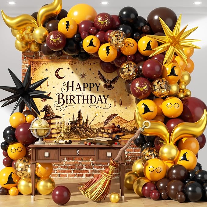 Magical Wizard Garland Arch Kit 180Pcs, Burgundy Yellow Black Gold Confetti by PTGOLUO