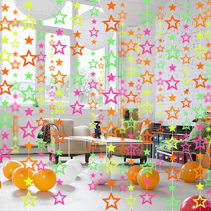 WELITTCON 102feet Neon Paper Garland Streamers Hollowed Star Black Light - Image 4