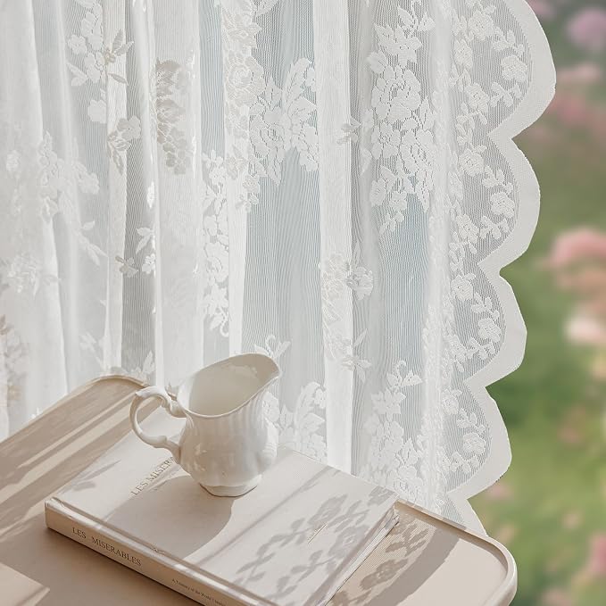 Anmao Vintage Lace Valance Kitchen Curtains 36 Inches Long 2 Panels, Semi Sheer - Image 5