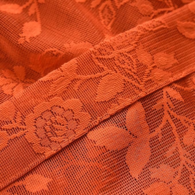 Burnt Orange Sheer Lace Curtains Rustic Leaf Floral 52 x 80 Inch 2 Panels | Rod - Image 8