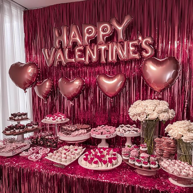 PartyWoo Burgundy Red Tinsel Streamers Fringe Curtain Backdrop 3pcs 8.2FT | - Image 3