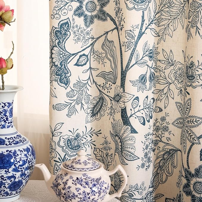 Designer Elegant Linen Printed Curtains, 2 Panels, kitchen Bedroom Living Room by Isaennehomedecoration