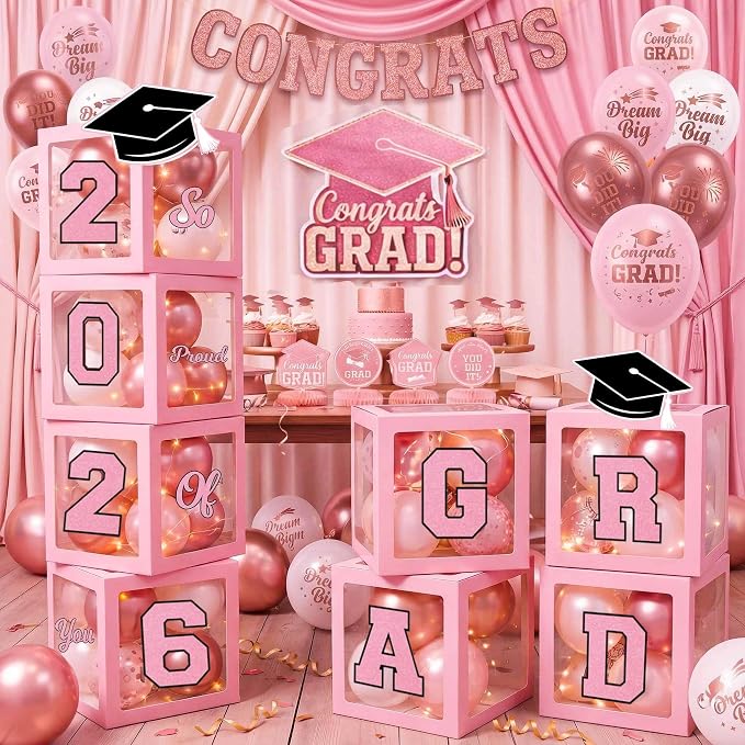 Pink Graduation Decorations 2026 Rose Gold Balloon Boxes by makegraduationunforgettable