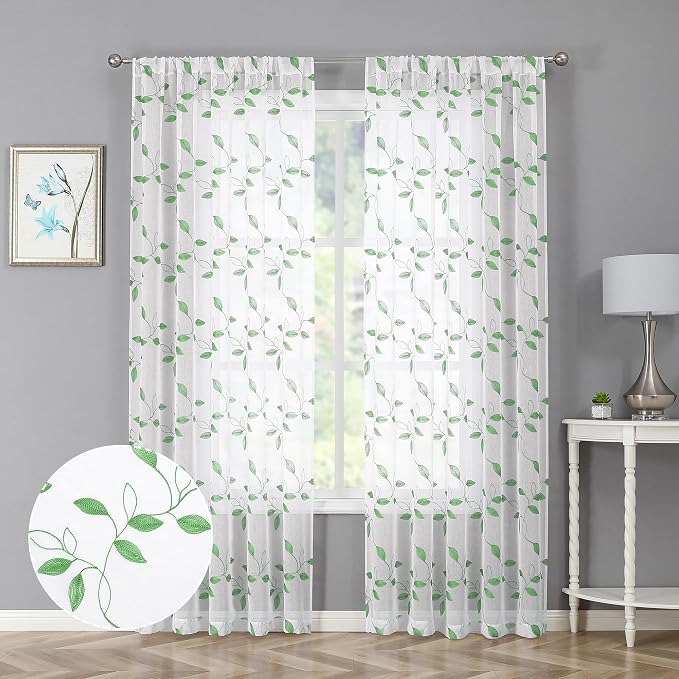 Tollpiz Green Leaf Sheer Curtain Bedroom 54 x 95 Inches | Leaves Embroidered by Tollpiz