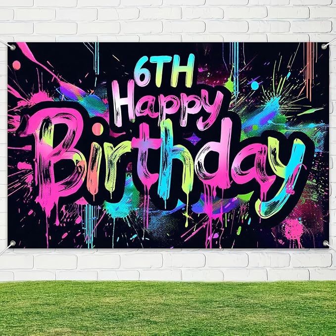 HOMETITUTE Neon 6th Happy Birthday Banner 71x43 Inch Birthday Backdrop | 6th - Image 4